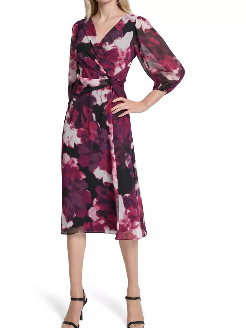 DKNY Women's V-Neck Floral Print Chiffon A-Line Dress